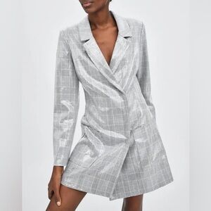 Zara trf Sequin Plaid Mini Shoulder Padded Blazer Dress | Women’s Size XS
